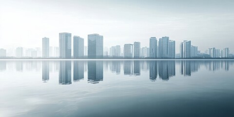 Obraz premium A serene city skyline reflected in calm waters, showcasing modern architecture and a tranquil atmosphere on a misty day.