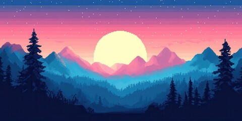 Naklejka premium A serene mountain landscape at sunset, with vibrant colors and silhouetted trees creating a tranquil atmosphere.