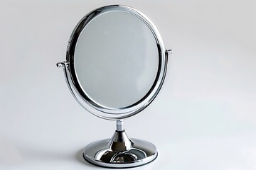 A stylish round makeup mirror with chrome stand, white background.