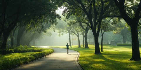 Obraz premium A tranquil morning scene of a runner on a path surrounded by lush, green trees in a peaceful park setting.