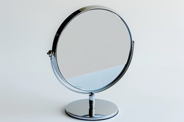 A stylish round makeup mirror with chrome stand, white background.