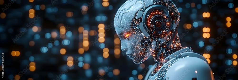 Poster A visually striking and futuristic image of a metallic cyborg robot with glowing digital displays,circuits,and sensors. This conceptual.