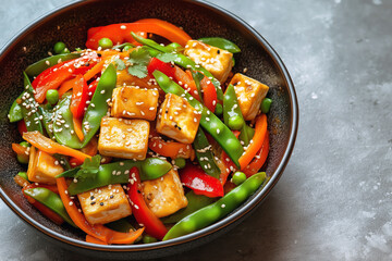 Aerial view of a colorful stir-fried vegetable dish with tofu, bell peppers, carrots, and snap peas, garnished with sesame seeds.