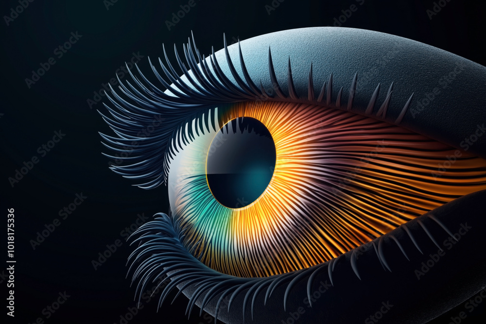 Poster Close-up of a stylized eye with vibrant, multicolored iris and detailed eyelashes, set against a dark background.