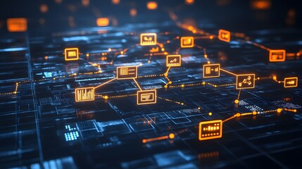 Obraz premium Abstract Network Technology Background with Orange Icons