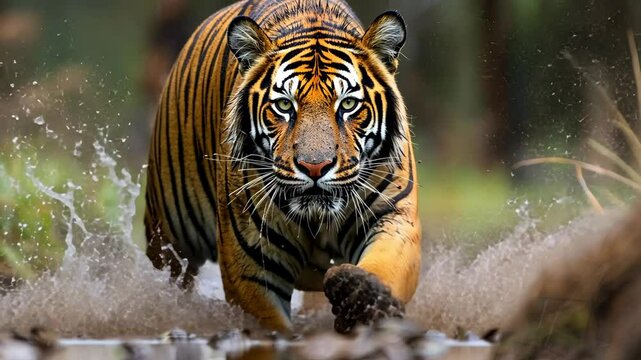 A tiger runs through a stream of water, its powerful muscles rippling as it moves with grace and speed