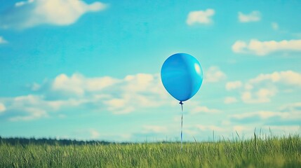 A blue balloon floating in the sky, carried by the wind over a green field.