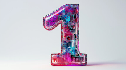 A vibrant and colorful number one sculpture featuring intricate circuit patterns against a clean background