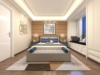 Mock up of a spacious bedroom with a stylish large bed and a light stylish background, 3D rendering.