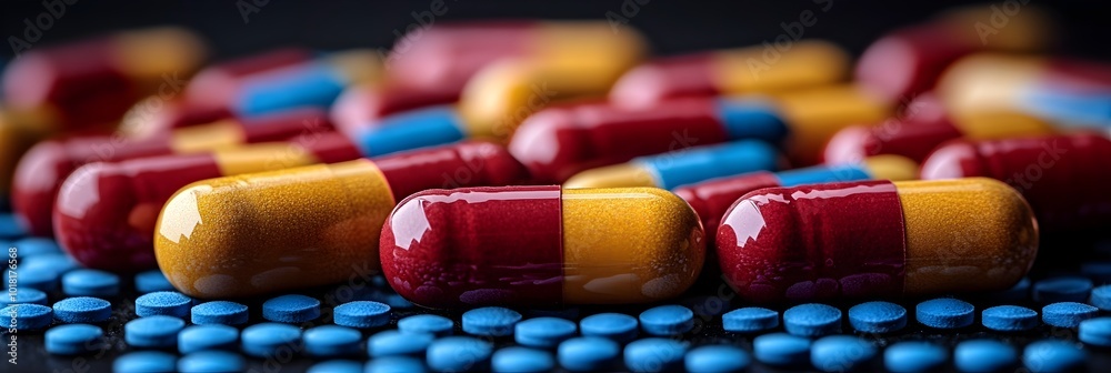 Aufkleber closeup view of various colorful pharmaceutical medications in capsule form arranged in a pattern on