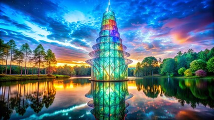 Obraz premium A Vibrant Sunset Reflects In a Tranquil Lake With a Colorful Glass Tower In the Center