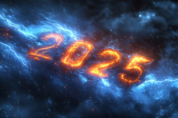 The text "2025" in a beautiful fiery neon light, the technological structure of the chips and the glow of the contacts.