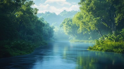 Obraz premium A calm blue river flowing through a dense green forest in the early morning.