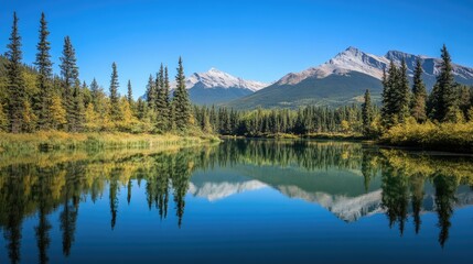 A calm green lake reflecting the surrounding trees and mountains on a clear, still day.