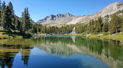 A calm green lake reflecting the surrounding trees and mountains on a clear, still day.