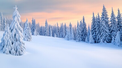 Naklejka premium Snow-Covered Forest at Sunrise, AI