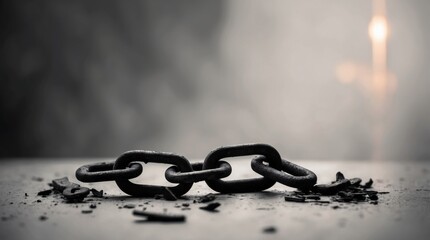 broken chain its rusty links shattered and strewn about yet bound together by a solitary sturdy link that glimmers with a hint of promise