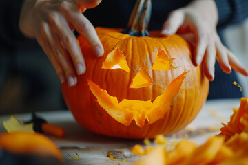 Fun time at home atmosphere, halloween decoration craft pumpkin carving, Generative AI