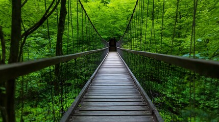 Fototapeta premium Wooden Suspension Bridge Over Lush Green Canopy