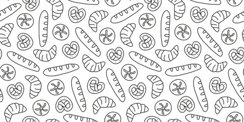 Cute seamless pattern with doodle outline bread, bagels, croissants and brezels. Bakery background.