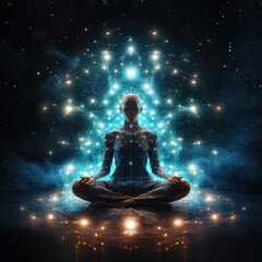 generated illustration of back view Woman sitting in yoga lotus pose and his connection to space