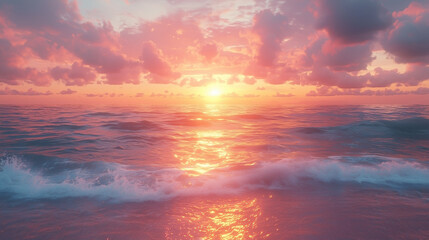 A stunning cinematic sunset over the ocean, with vibrant orange and pink hues filling the sky. The peaceful waves and reflective water create a tranquil, serene atmosphere.