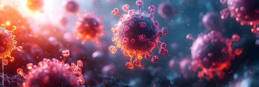 Poster glowing microscopic viral cells in a futuristic molecular outbreak background. abstract digital of t