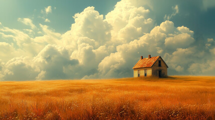 A solitary house sits in the middle of a wide-open field, under a vast sky filled with clouds. The cinematic composition evokes isolation and endless horizons.