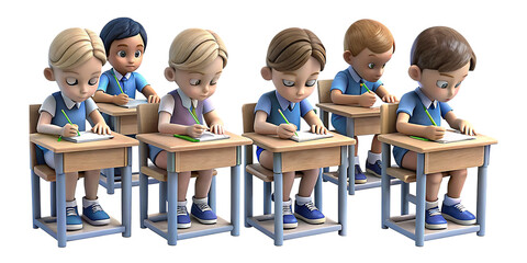 set of Children sitting on benches and studying in class and noting down the homework in their notebooks.AI GENERATED