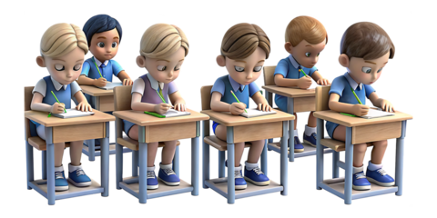 set of Children sitting on benches and studying in class and noting down the homework in their notebooks.AI GENERATED