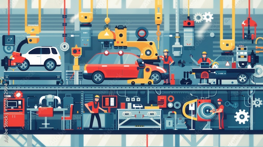 Aufkleber in a bustling manufacturing facility, workers are engaged in assembling car parts using advanced mac