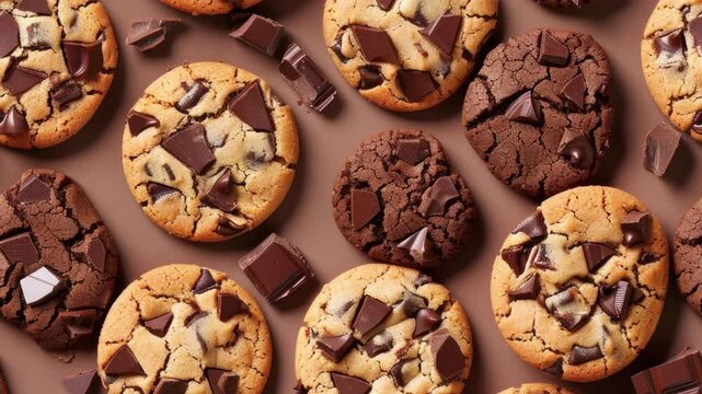 Cookies with chocolate texture, top view pattern seamless loop animation