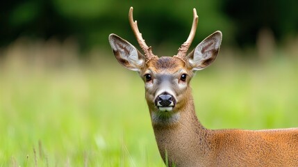 The young deer stands elegantly in an expansive green field, showcasing its antlers, while surrounded by vibrant foliage in the soft morning light