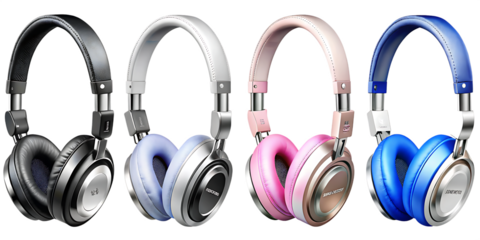 Colection of headphones in four different isolated on a white background.AI GENERATED
