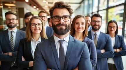 Fototapeta premium A diverse group of professionals stands together in a contemporary office, smiling and showcasing teamwork. They are dressed in formal business attire, reflecting a positive work environment