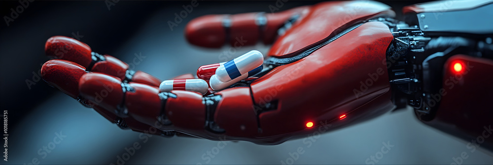 Poster Robotic Metallic Hand with Advanced Digital Technology - Futuristic Concept of Intelligence,Engineering Innovation and Automation