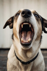 Angry dog charging and barking, he looks mean and upset, about to bite an intruder. Close-up portrait, realistic style