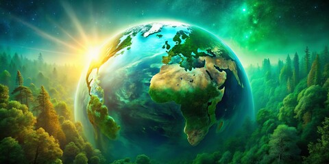 A Vivid Earth Emerging from a Lush Forest Canopy, Under a Sky of Sparkling Stars and a Glowing Sun