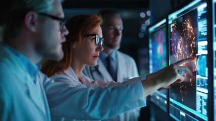 A team of researchers in white lab coats examines intricate data on glowing screens, discussing findings in a modern laboratory setting