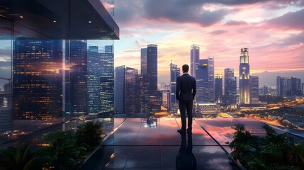 A businessman stands on a balcony, overlooking the city skyline at night