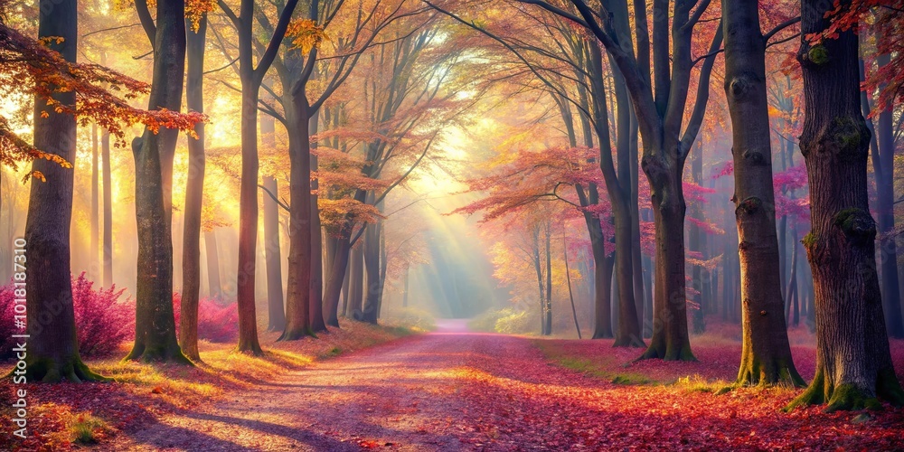 Poster Golden Rays Illuminate a Serene Forest Path, Bathed in the Warm Embrace of Autumn