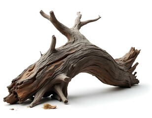 Fototapeta premium A curved, weathered piece of driftwood with cracked and peeling surface, showcasing the effects of time and erosion, placed on a clean white background.