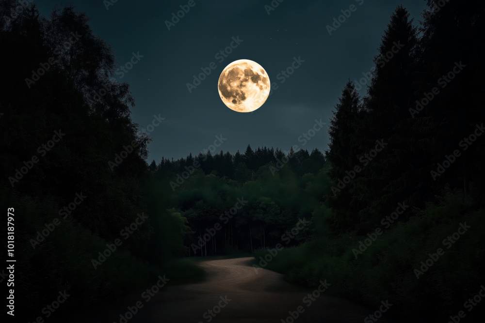 Poster A serene nighttime scene featuring a large full moon illuminating a winding path surrounded by dense forest.