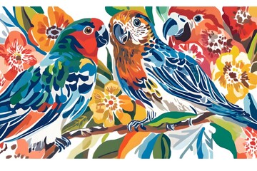 Colorful Parrots on a Branch with Tropical Flowers