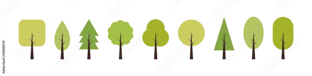 Poster tree green icon collection. wood with leaf in flat style. nature graphic element. eco symbols isolat