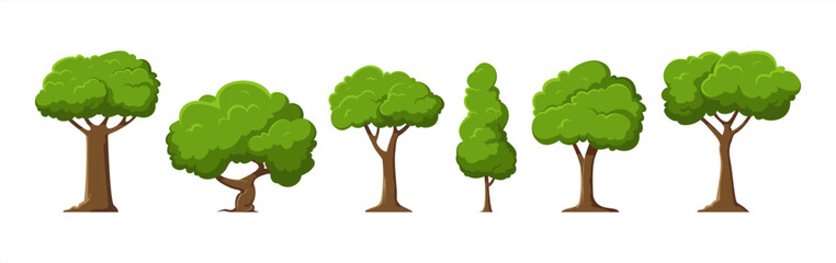 Cartoon trees set isolated on a white background. Simple modern style. Cute green plants, forest. Can be used to illustrate any nature or healthy lifestyle topic. Flat vector 10 eps. © Cali6ro