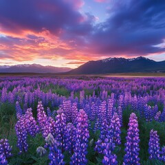 Fototapeta premium A sprawling field of purple lupines, with distant mountains and a dramatic sunset sky providing a stunning backdrop