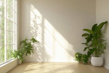 Fototapeta premium Bright indoor space with sunlight filtering through a window, showcasing lush green plants in stylish pots.