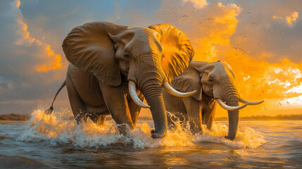 Two majestic elephants charge through golden waters at sunset, their tusks gleaming and creating dramatic splashes, capturing the power and beauty of the African wilderness.