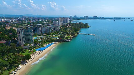 Fototapeta premium Luxury Beachfront Resort in Coastal City Aerial View